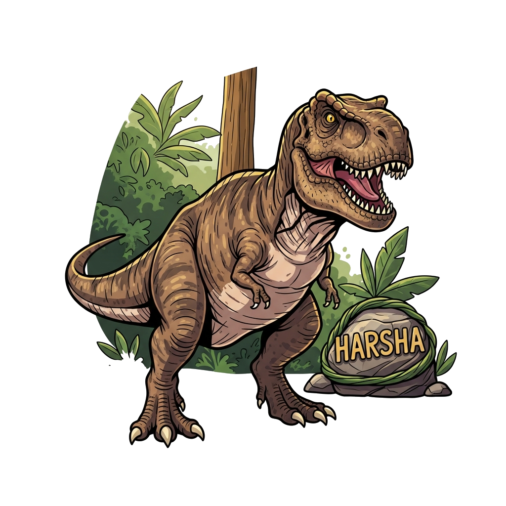 Custom design: A friendly, realistic T-Rex illustration, slightly stylized to be approachable, with 'Harsha' subtly integrated into ...