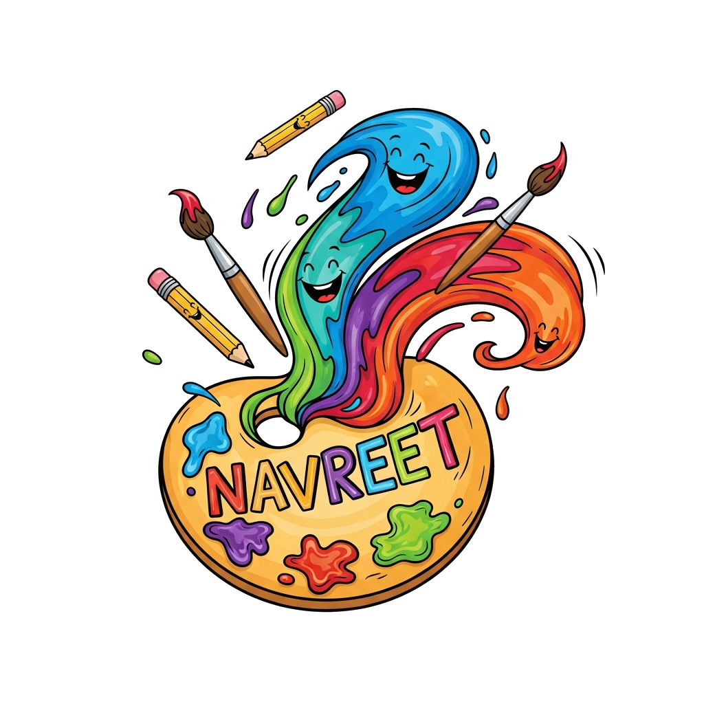 Custom design: A cheerful cartoon artist's palette overflowing with vibrant, swirling paint colors, with smiling paintbrushes and pe...