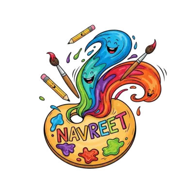 Design: A cheerful cartoon artist's palette overflowing with vibrant, swirling paint ...