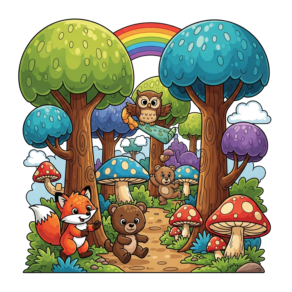 Custom design: A cheerful cartoon illustration of a bustling forest scene, with friendly, brightly colored animals like a fox, a bea...