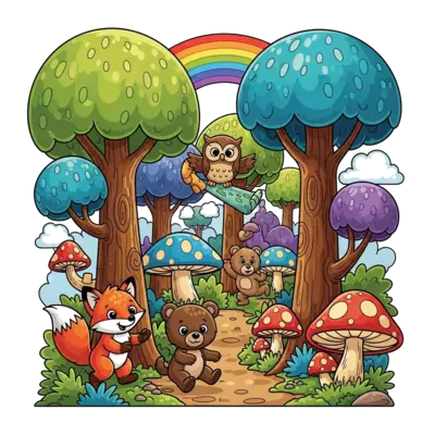 Design: A cheerful cartoon illustration of a bustling forest scene, with friendly, br...