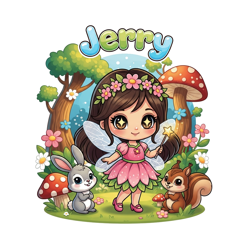 Custom design: A cute, chibi-style cartoon fairy princess with big sparkling eyes, holding a tiny magic wand, surrounded by adorable...