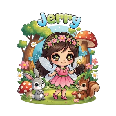 Design: A cute, chibi-style cartoon fairy princess with big sparkling eyes, holding a...