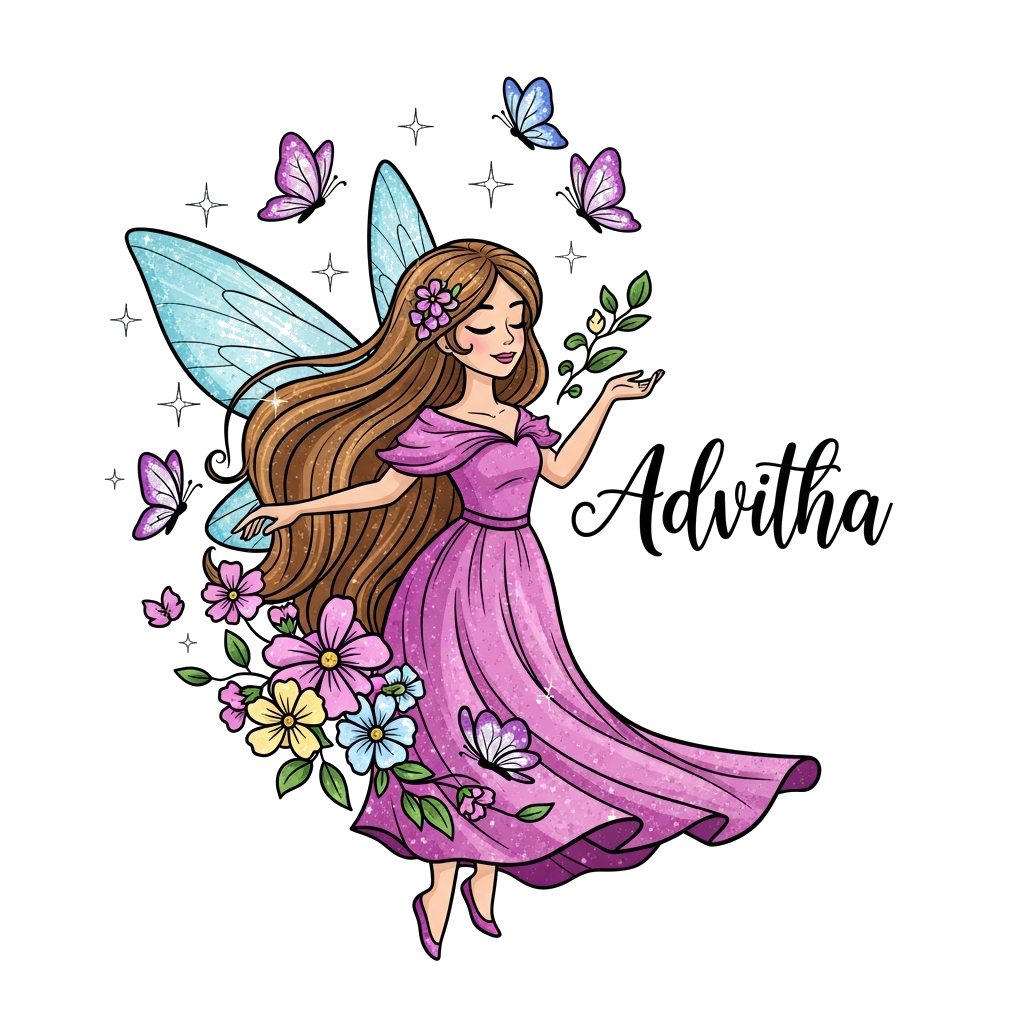 Custom design: A whimsical illustration of a graceful fairy princess with long flowing hair, surrounded by shimmering butterflies an...