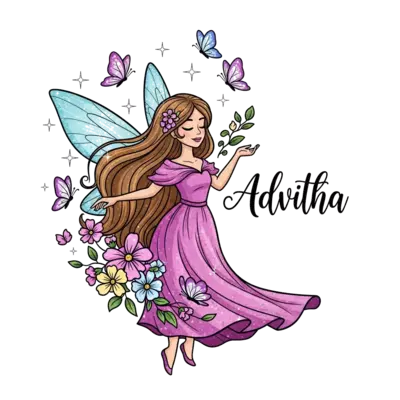 Design: A whimsical illustration of a graceful fairy princess with long flowing hair,...