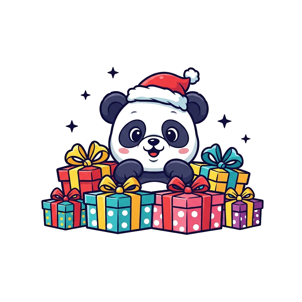 Custom design: A super cute cartoon baby panda wearing a tiny red Santa hat, peeking out from behind a pile of colorful wrapped Chri...