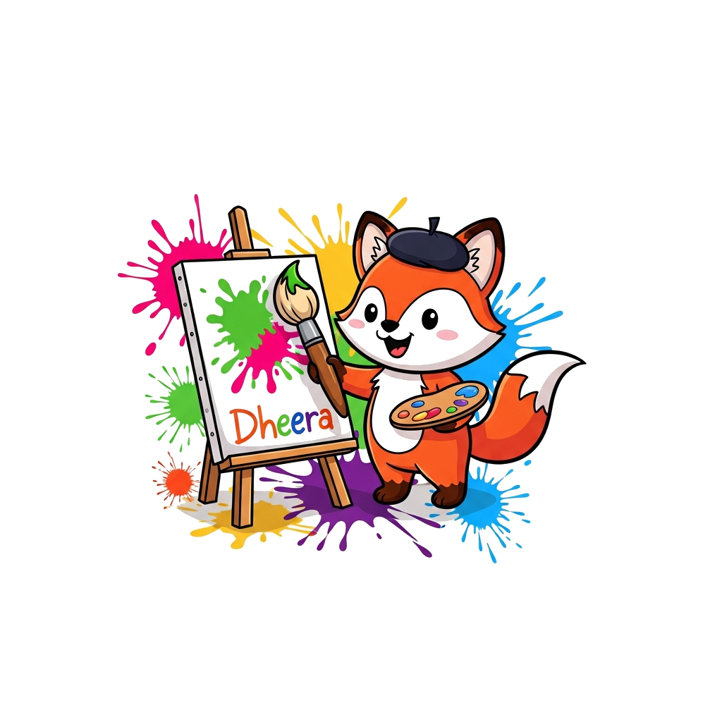Custom design: A super cute cartoon fox, wearing a tiny beret, happily painting on a canvas with a big brush. Colorful splatters of ...