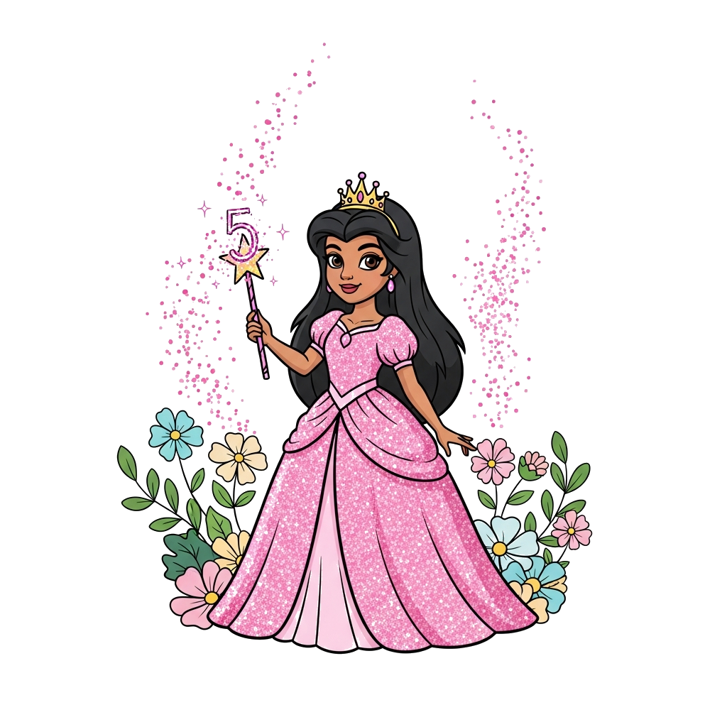 Custom design: A beautiful cartoon princess, resembling Dheera, wearing a shimmering pink gown and a tiny crown, holding a magical w...