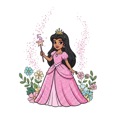 Design: A beautiful cartoon princess, resembling Dheera, wearing a shimmering pink go...