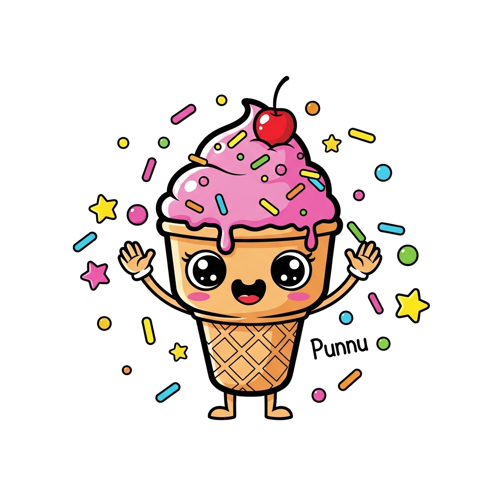Custom design: A cute cartoon ice cream cone character, smiling happily, surrounded by colorful sprinkles and a tiny 'Punnu' written...