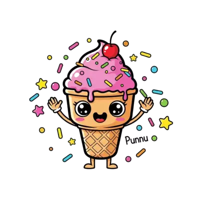 Design: A cute cartoon ice cream cone character, smiling happily, surrounded by color...