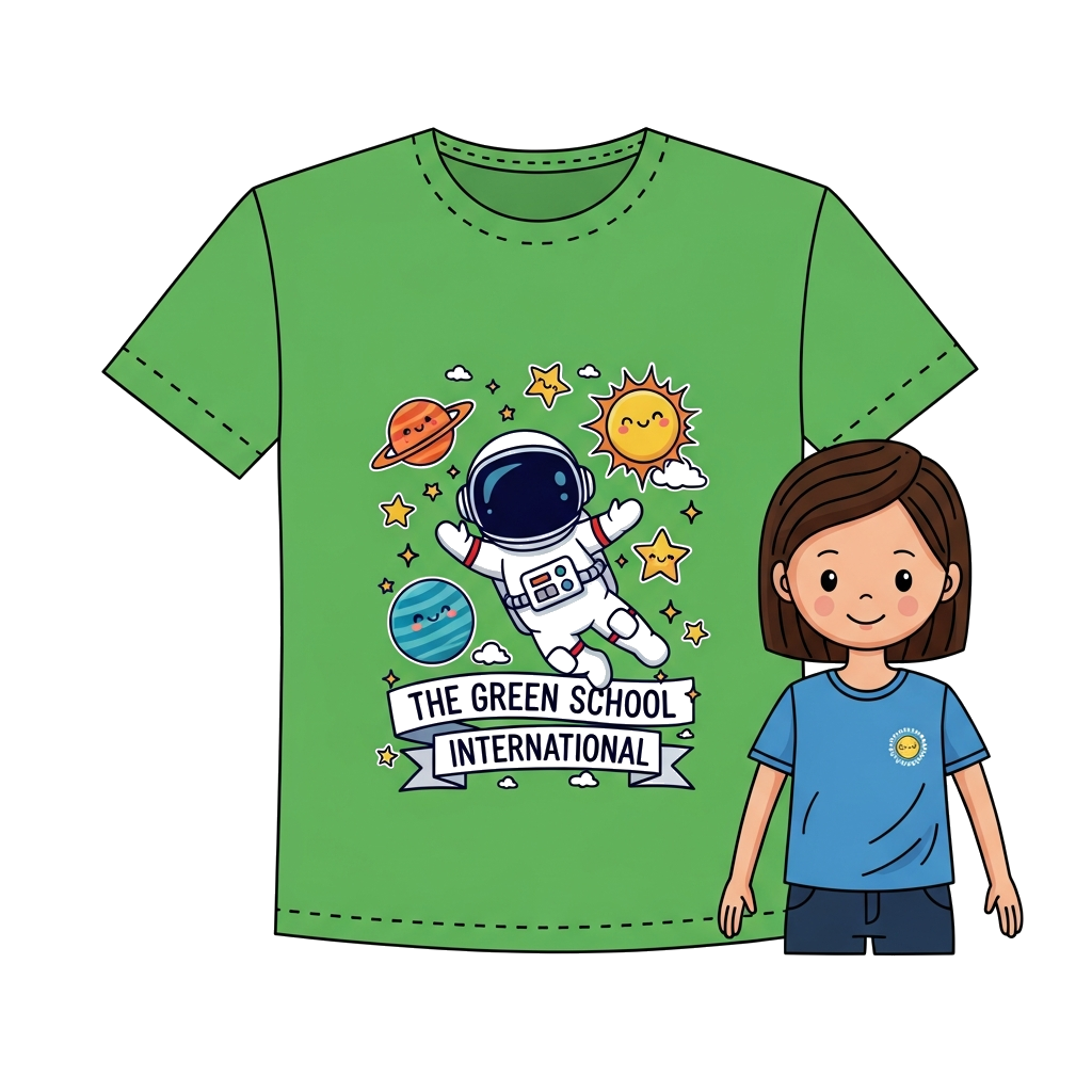 Custom design: A cute cartoon astronaut floating happily in space, surrounded by friendly planets, twinkling stars, and a smiling su...