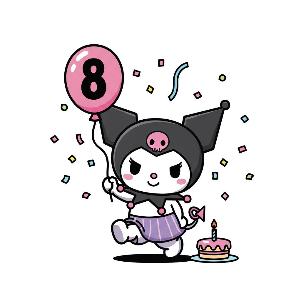 Custom design: A cute, cartoon-style illustration of Kuromi celebrating a birthday, holding a balloon with the number '8' on it, sur...