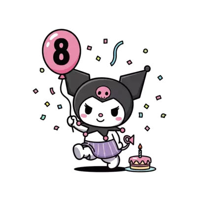 Design: A cute, cartoon-style illustration of Kuromi celebrating a birthday, holding ...