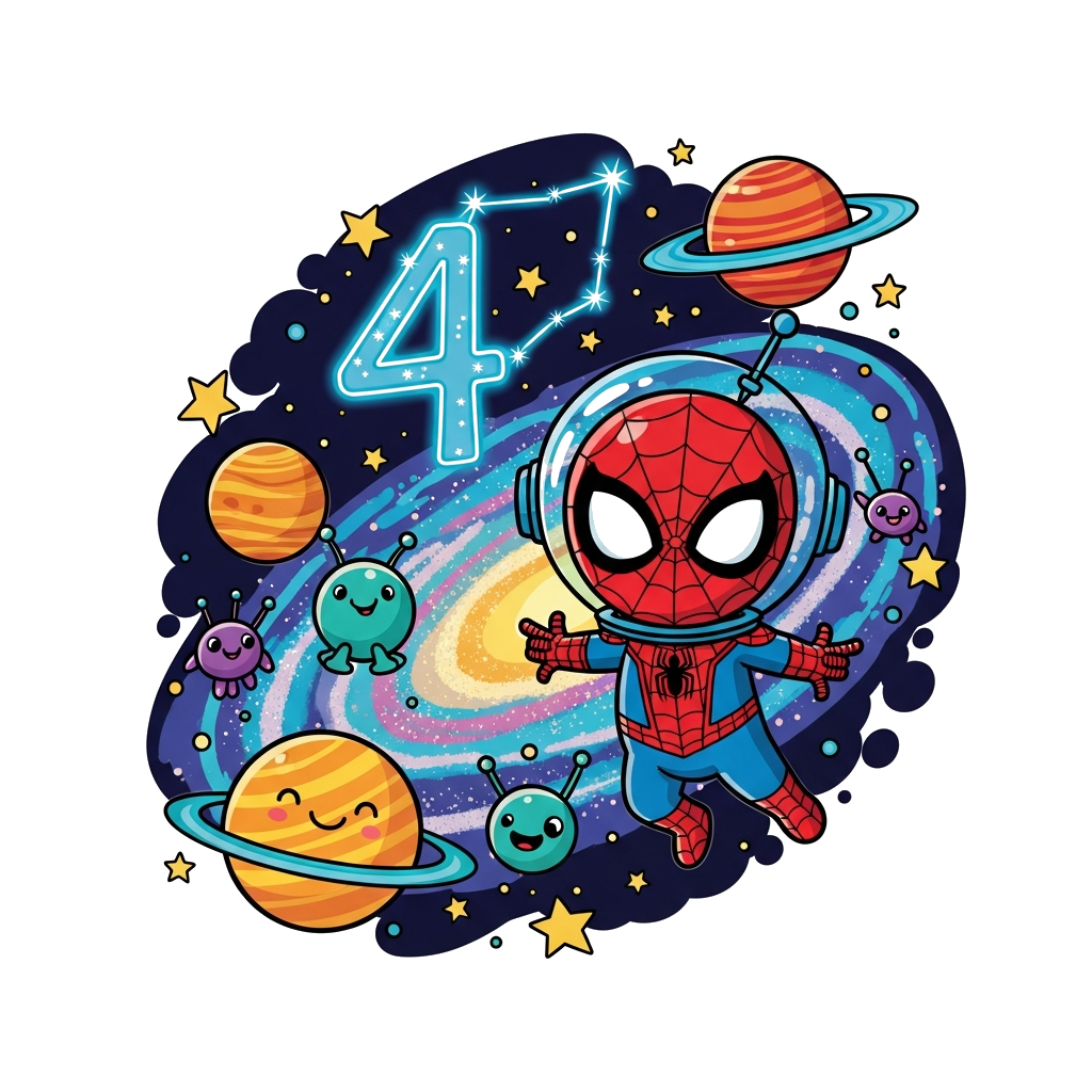 Custom design: A cute cartoon Spiderman in a futuristic space suit, floating happily in a vibrant galaxy filled with colorful planet...