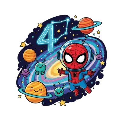 Design: A cute cartoon Spiderman in a futuristic space suit, floating happily in a vi...