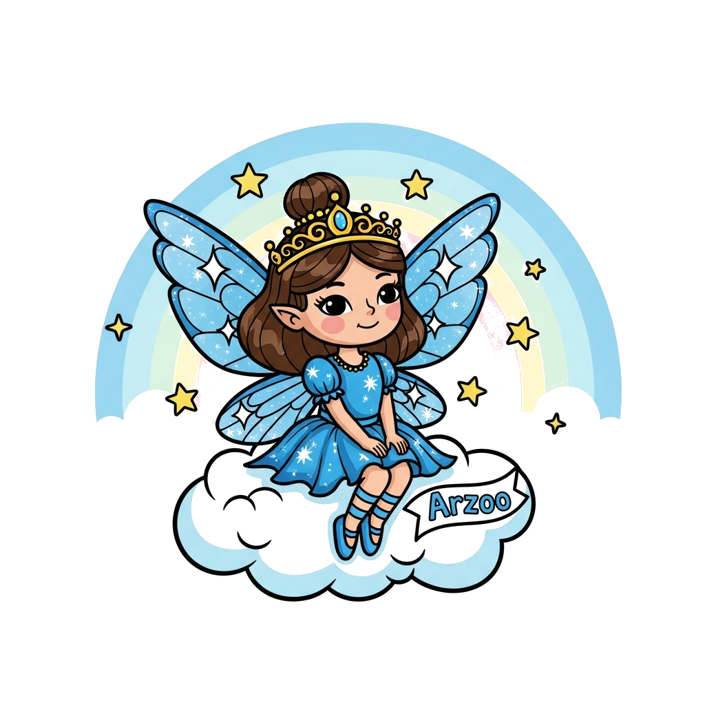 Custom design: A cute cartoon fairy princess with big, sparkling blue wings, sitting on a fluffy cloud, surrounded by tiny stars and...