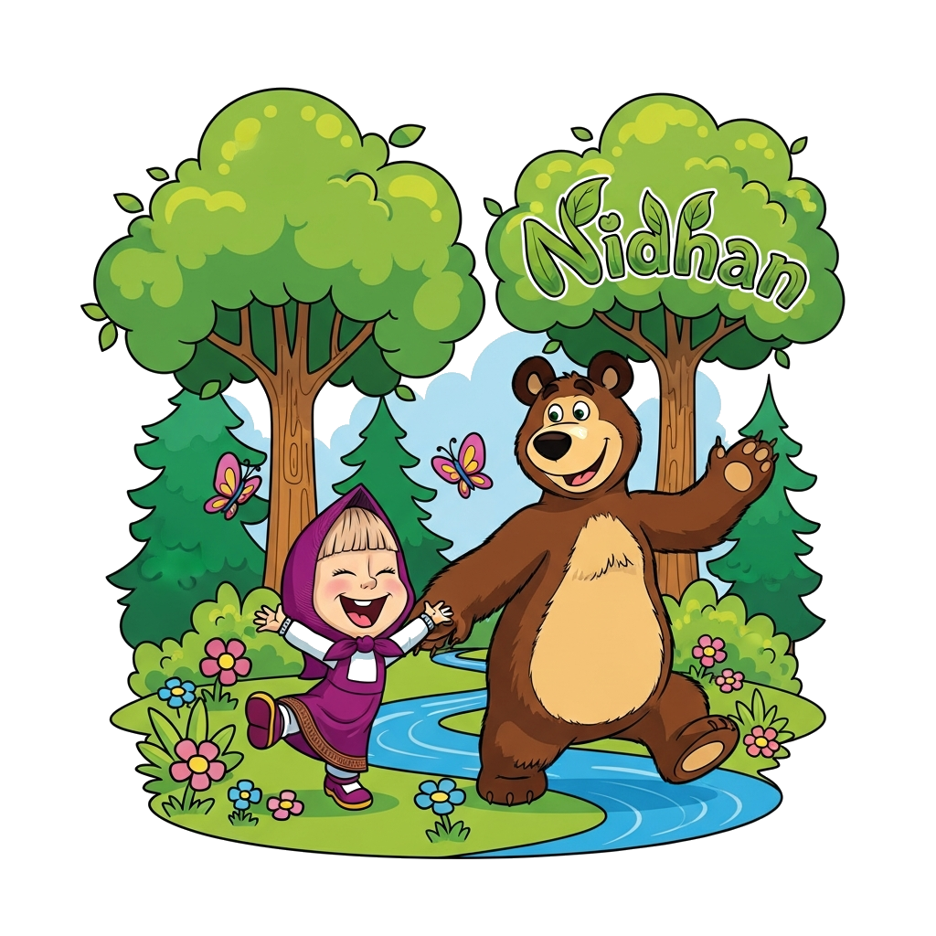 Custom design: Masha and Bear playing together in a joyful forest scene, with Nidhan's name subtly integrated into the background fo...