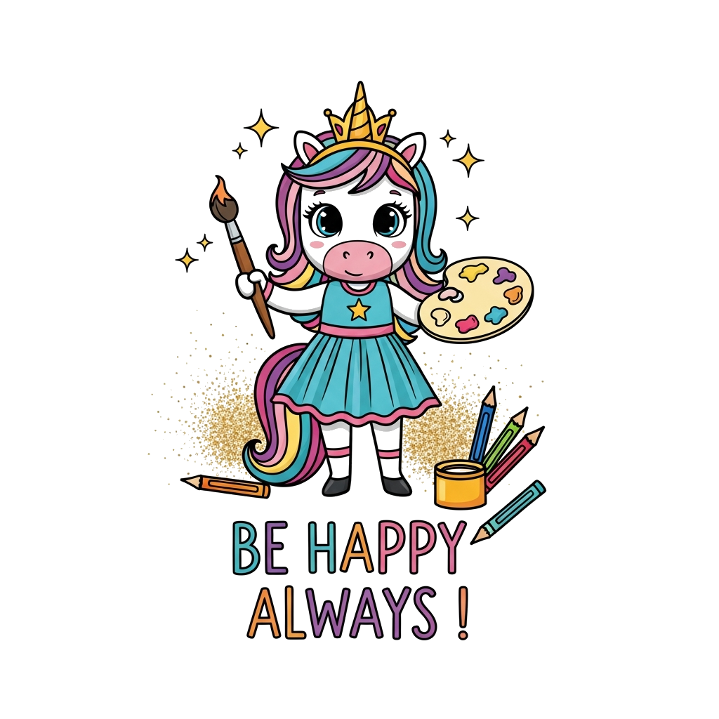 Custom design: A whimsical cartoon unicorn princess holding a paintbrush and palette, surrounded by sparkling glitter and colorful a...
