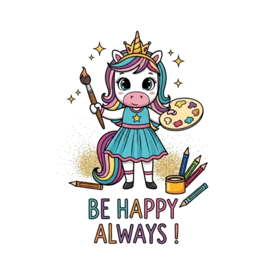 Design: A whimsical cartoon unicorn princess holding a paintbrush and palette, surrou...