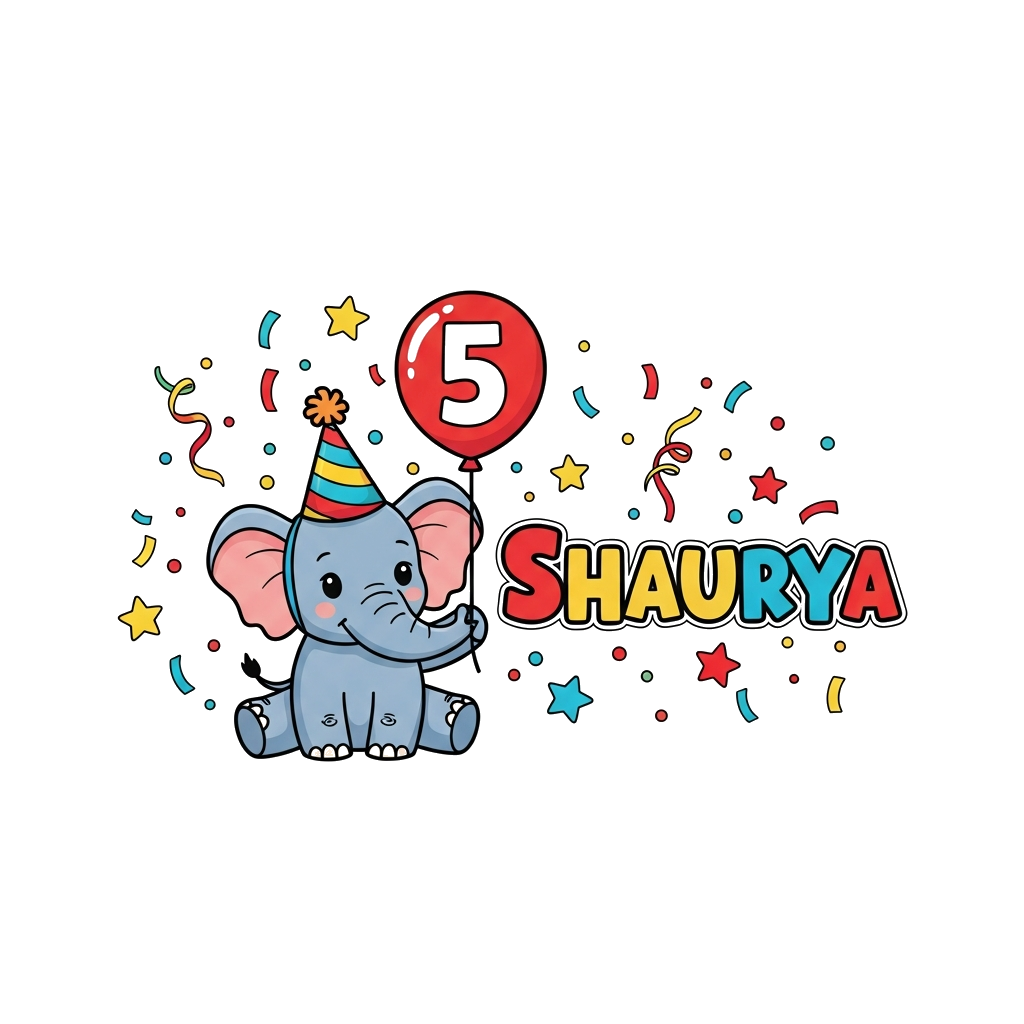 Custom design: A cute cartoon baby elephant wearing a party hat, holding a balloon with the number '5', with 'Shaurya' written playf...