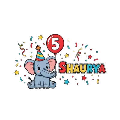 Design: A cute cartoon baby elephant wearing a party hat, holding a balloon with the ...