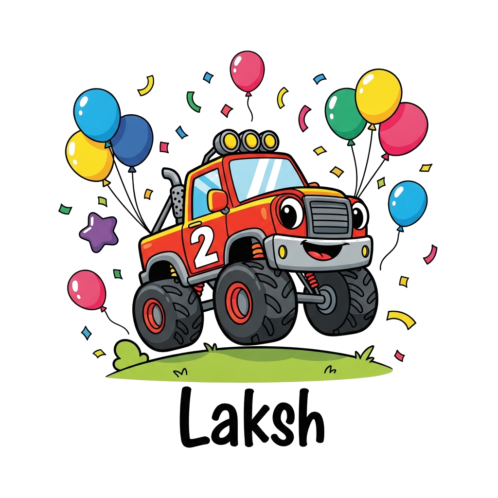 Custom design: A cute cartoon monster truck with big friendly eyes, playfully driving over a hill with a big number '2' on its side,...