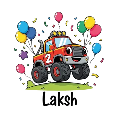 Design: A cute cartoon monster truck with big friendly eyes, playfully driving over a...