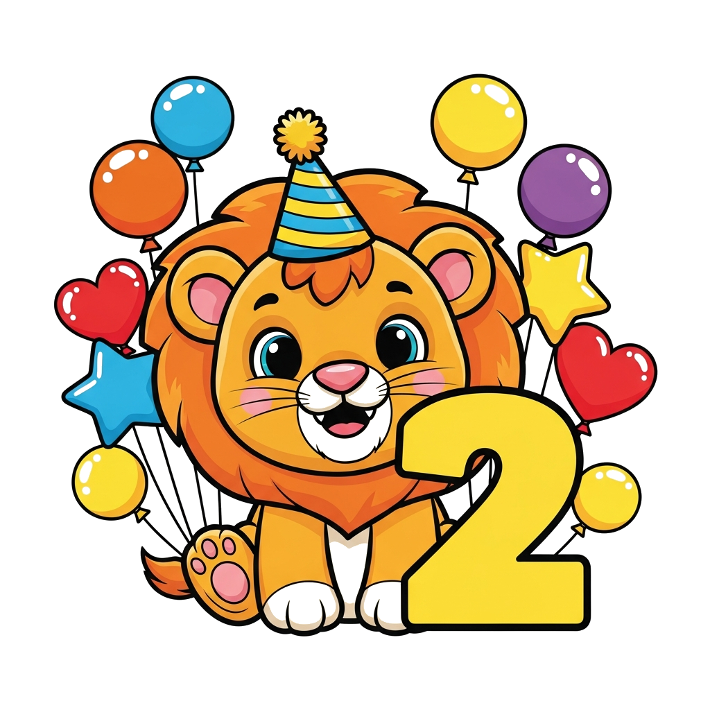 Custom design: A playful cartoon baby lion cub wearing a tiny birthday hat, surrounded by colorful balloons and a big number 2, in a...