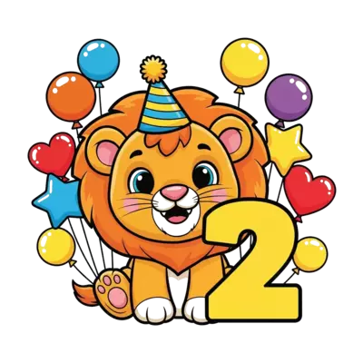 Design: A playful cartoon baby lion cub wearing a tiny birthday hat, surrounded by co...