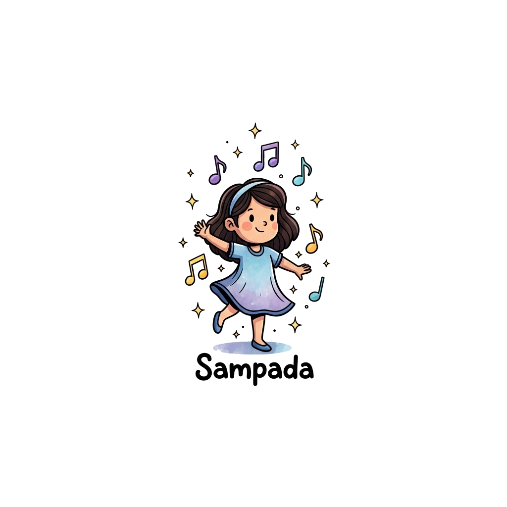 Custom design: A whimsical illustration of a young girl named Sampada dancing among floating musical notes and sparkling stars, with...
