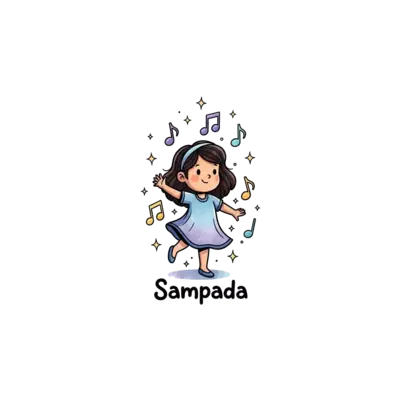 Design: A whimsical illustration of a young girl named Sampada dancing among floating...