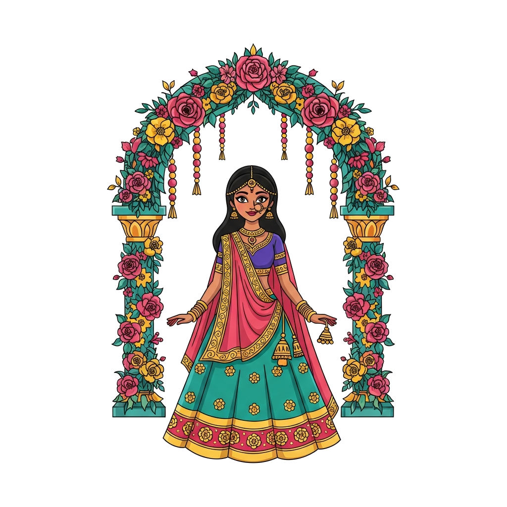 Custom design: A majestic Indian princess character, adorned in a beautiful traditional lehenga with intricate gold embroidery, stan...