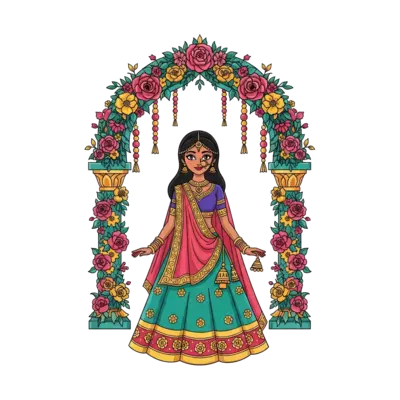 Design: A majestic Indian princess character, adorned in a beautiful traditional lehe...
