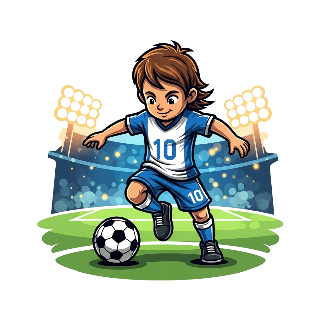 Custom design: A dynamic, realistic illustration of a young boy or girl, full of energy, dribbling a football on a vibrant green pit...