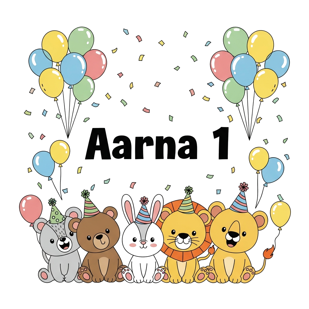 Custom design: A super cute cartoon baby animal party with Aarna's name and the number '1', surrounded by colorful balloons and conf...