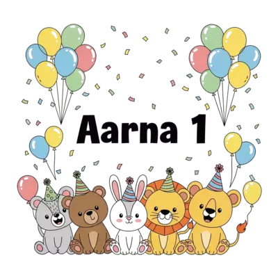 Design: A super cute cartoon baby animal party with Aarna's name and the number '1', ...