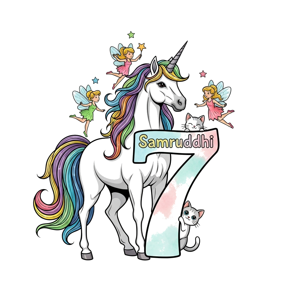 Custom design: A whimsical illustration of a majestic unicorn with a flowing rainbow mane, standing gracefully next to a stylized nu...