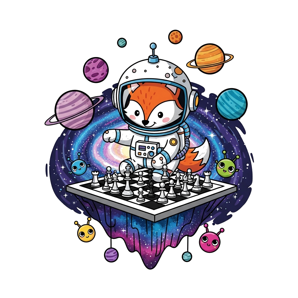 Custom design: A super cute cartoon astronaut fox playing chess on a floating chessboard in a vibrant, starry galaxy, surrounded by ...