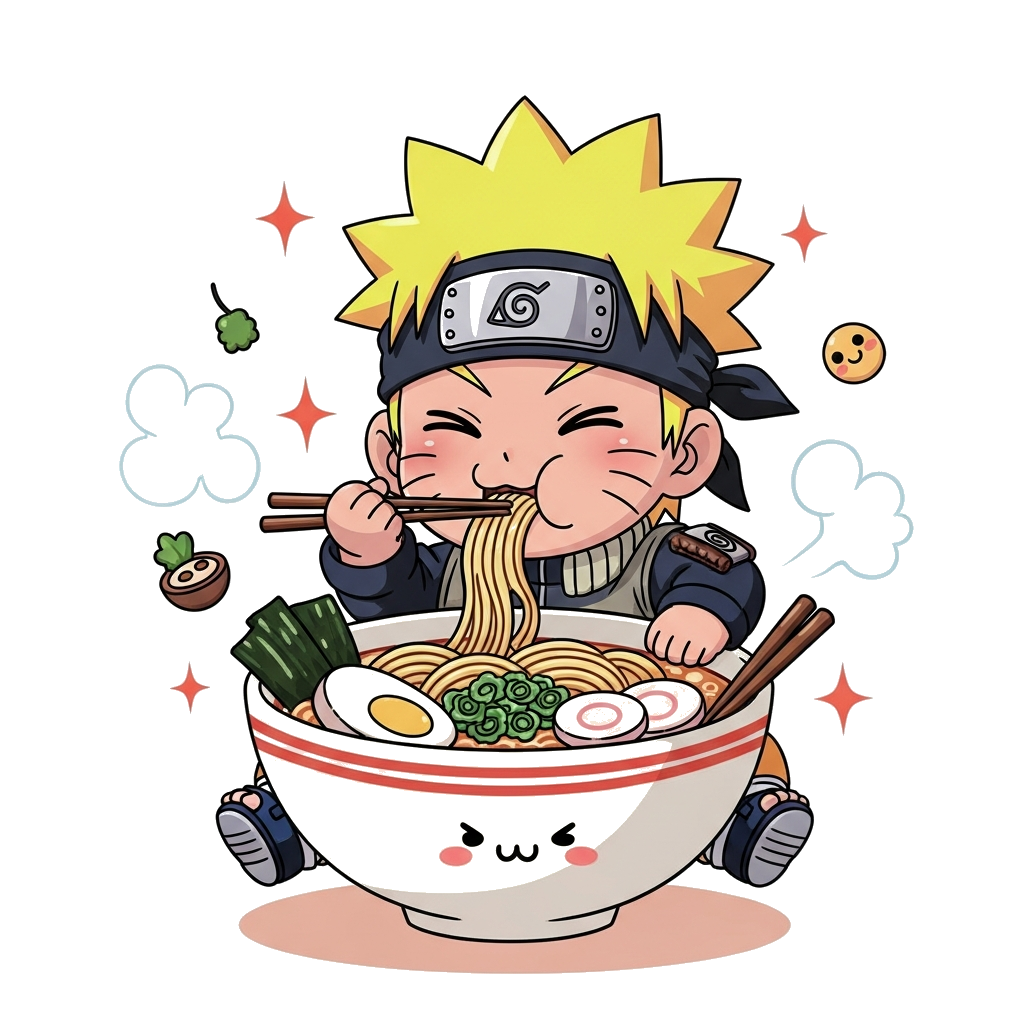 Custom design: A cheerful, chibi-style Naruto character happily eating a giant bowl of ramen, surrounded by playful steam and tiny r...