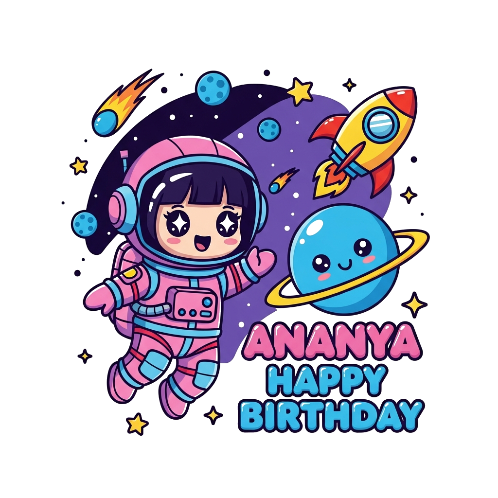 Custom design: A cute cartoon astronaut girl with big, sparkling eyes, floating happily in space next to a friendly, smiling planet....