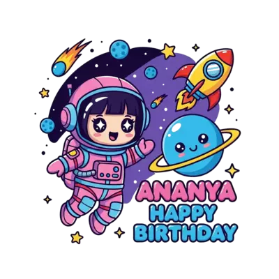 Design: A cute cartoon astronaut girl with big, sparkling eyes, floating happily in s...