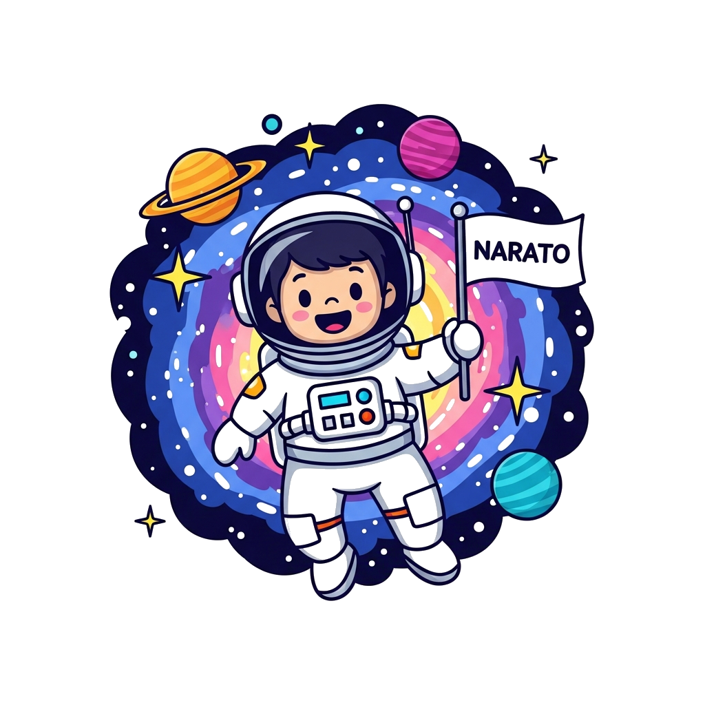 Custom design: A cheerful cartoon astronaut floating in a vibrant galaxy, surrounded by twinkling stars and colorful planets, holdin...