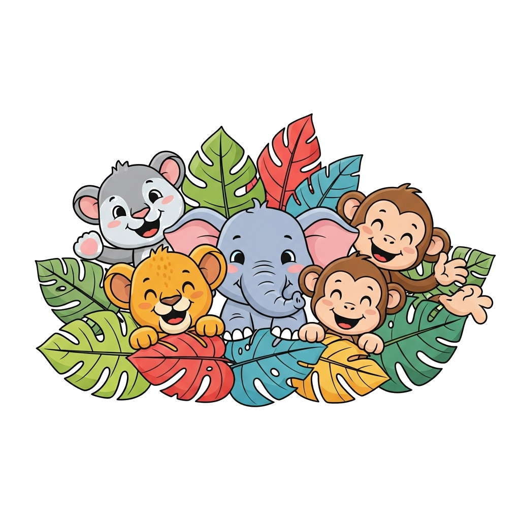 Custom design: A group of adorable baby jungle animals like a lion cub, a baby elephant, and a playful monkey, all smiling and peeki...