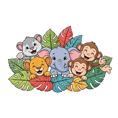 Design: A group of adorable baby jungle animals like a lion cub, a baby elephant, and...