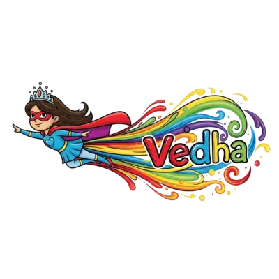 Design: A cheerful cartoon superhero princess flying gracefully, with a flowing rainb...