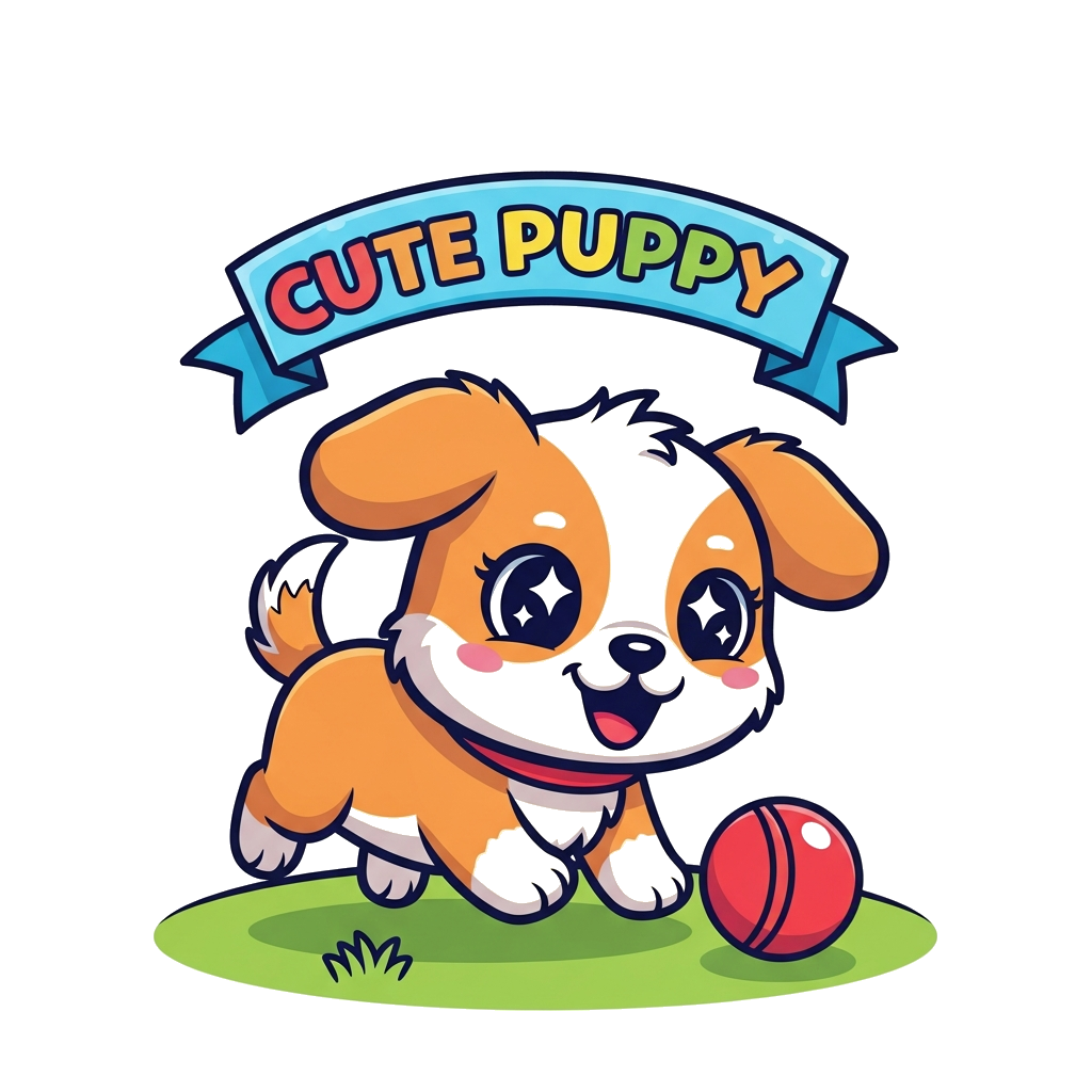 Custom design: A very happy, fluffy cartoon puppy with big, sparkling eyes, playfully chasing a bright red ball on a sunny green fie...