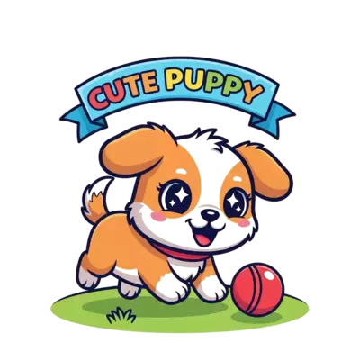 Design: A very happy, fluffy cartoon puppy with big, sparkling eyes, playfully chasin...