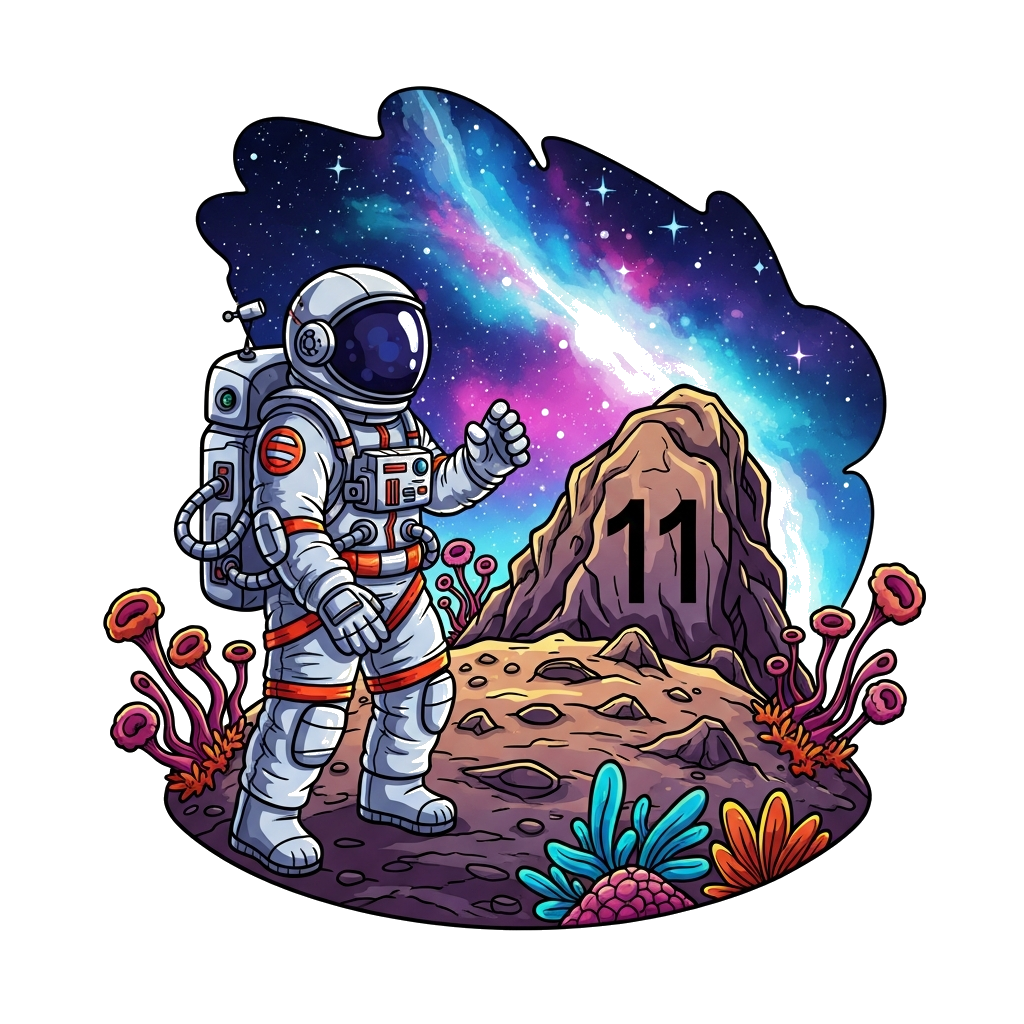 Custom design: A highly detailed astronaut in a space suit exploring an alien planet's surface, with a vibrant nebula in the backgro...