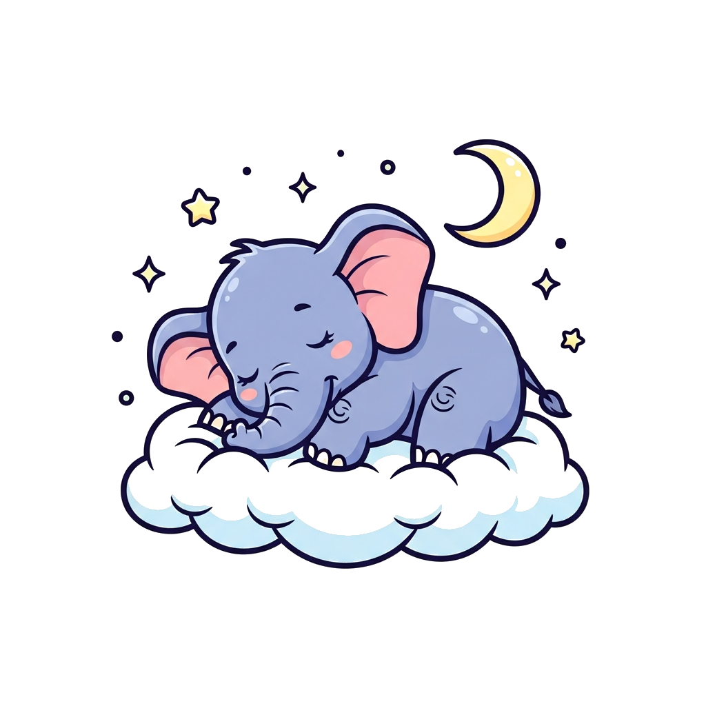 Custom design: A super cute baby elephant sleeping soundly on a fluffy white cloud, surrounded by tiny sparkling stars and a soft pa...